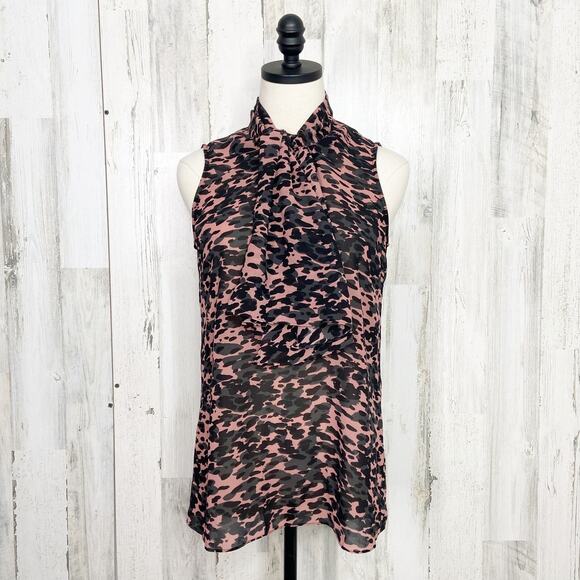 Cabi 9 to 5 Sienna Blouse Black Pink Pussy Bow Animal Print Camo Preppy Size S - Picture 1 of 10